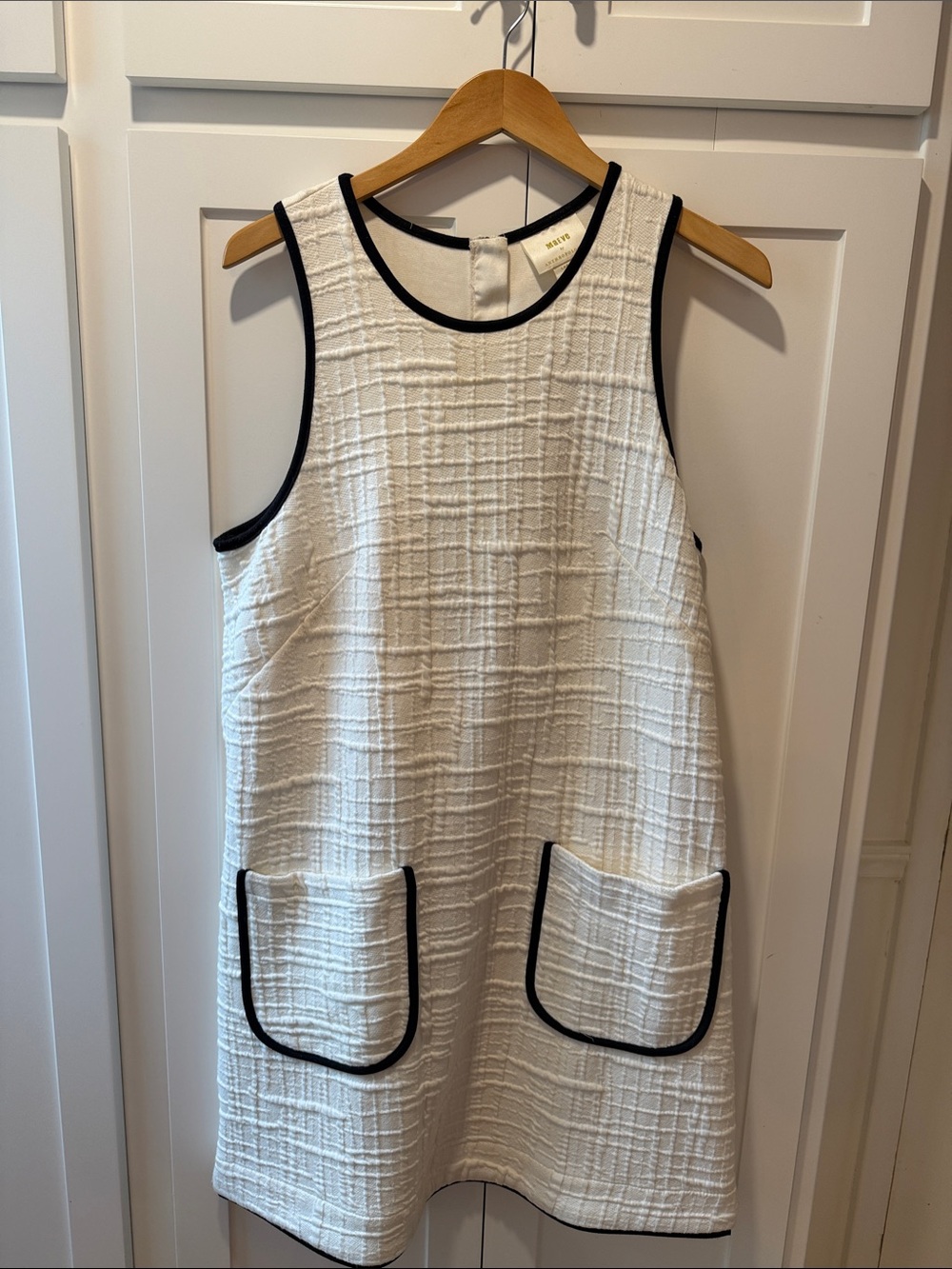 Anthropologie White Textured Shift Dress with Black Piping
